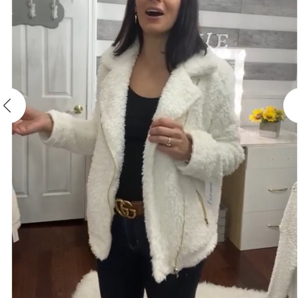 Fuzzy faux Sherpa fur Moto Jacket - Ivory - Picture 4 of 6